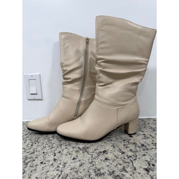 Tender Tootsies Cream Ruched Tall Boots Block Heel Slouchy Size 9.5 Wide - Picture 2 of 11